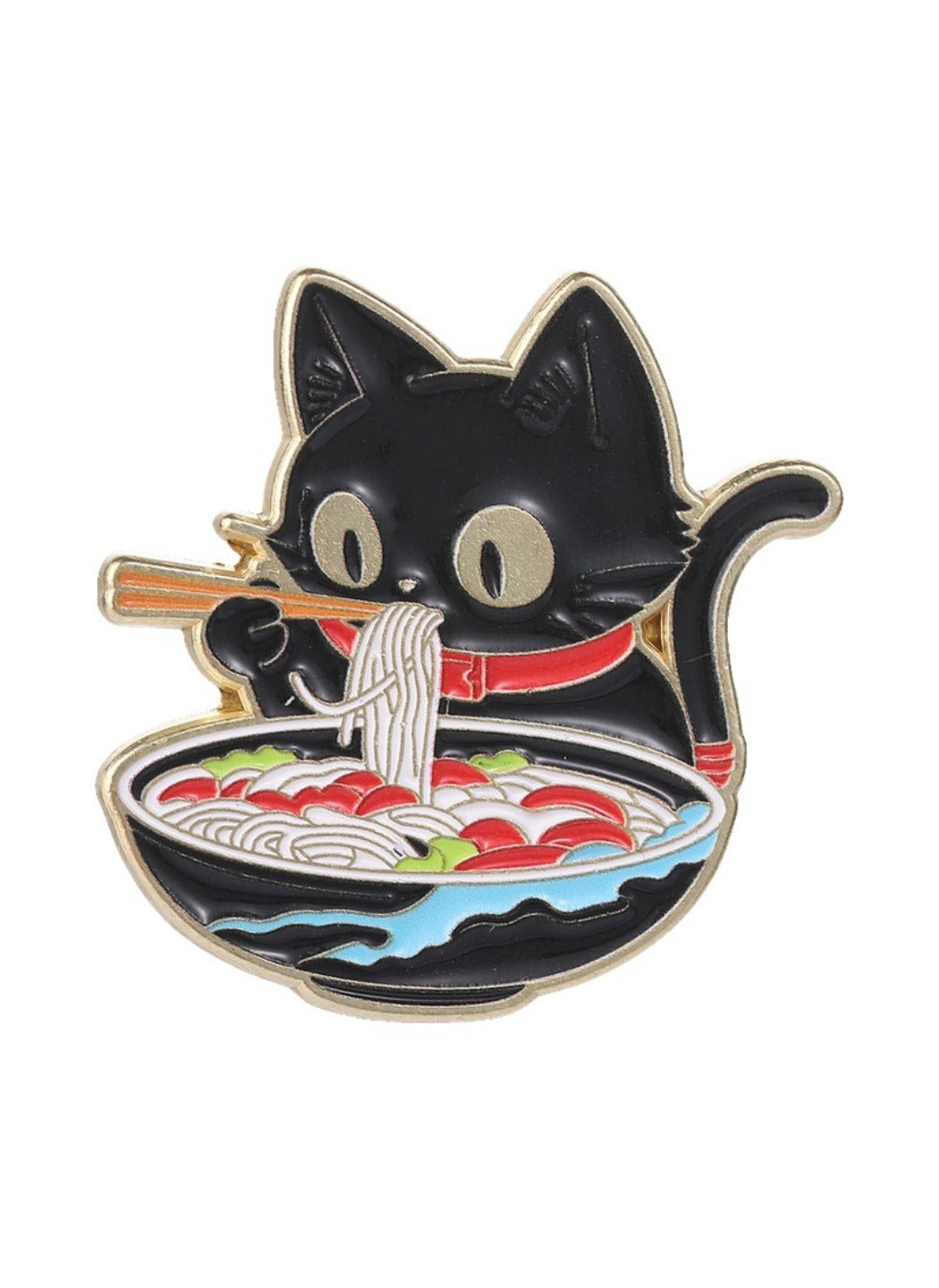 Pinori - Alloy Cat Brooch, Cute Cartoon Black Cat Eating Ramen Badge