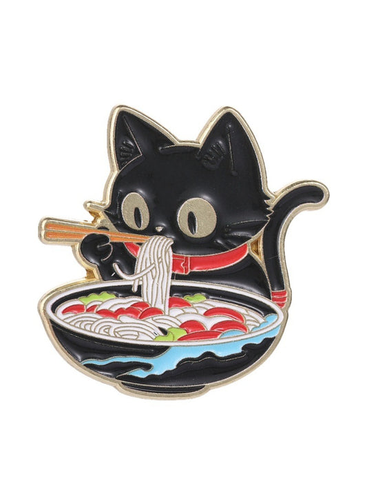 Pinori - Alloy Cat Brooch, Cute Cartoon Black Cat Eating Ramen Badge