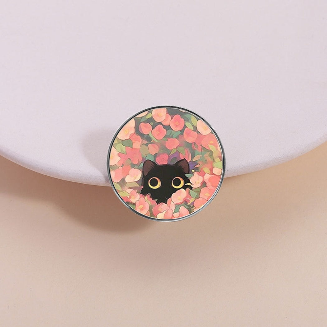 Pinori - Round Floral Cute Black Cat Brooch Pin