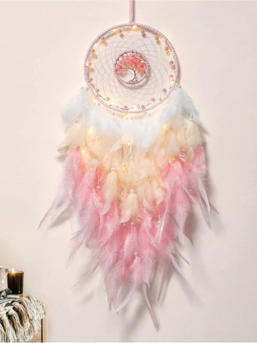 Somnira Bohemian Tree of Life wind chime with hanging stones and feather decoration