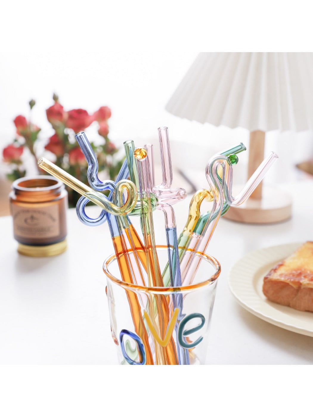 Set of Thimara colorful glass straws in a gift box for juice, milk, and tea