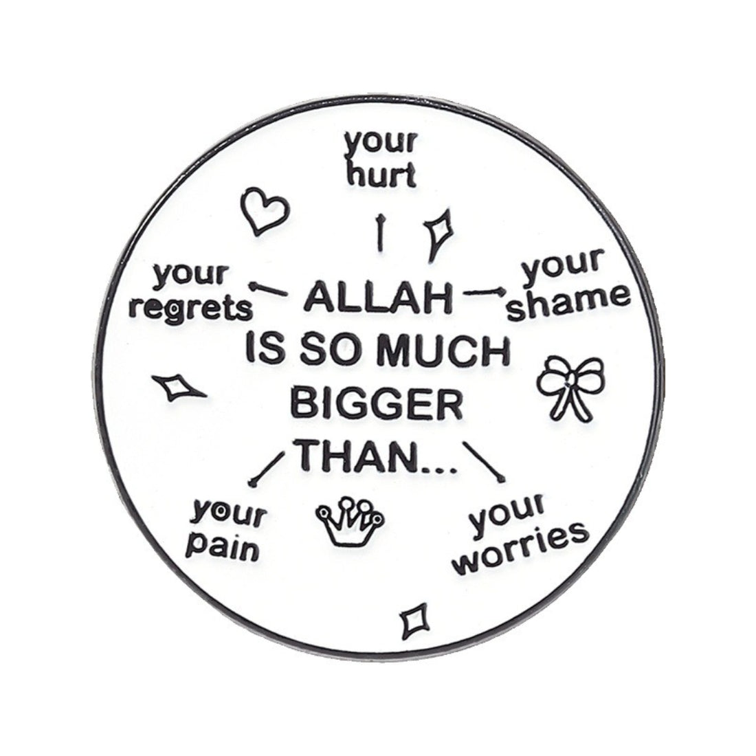 Pinori Comfort Quote enamel pin attached to a denim jacket pocket