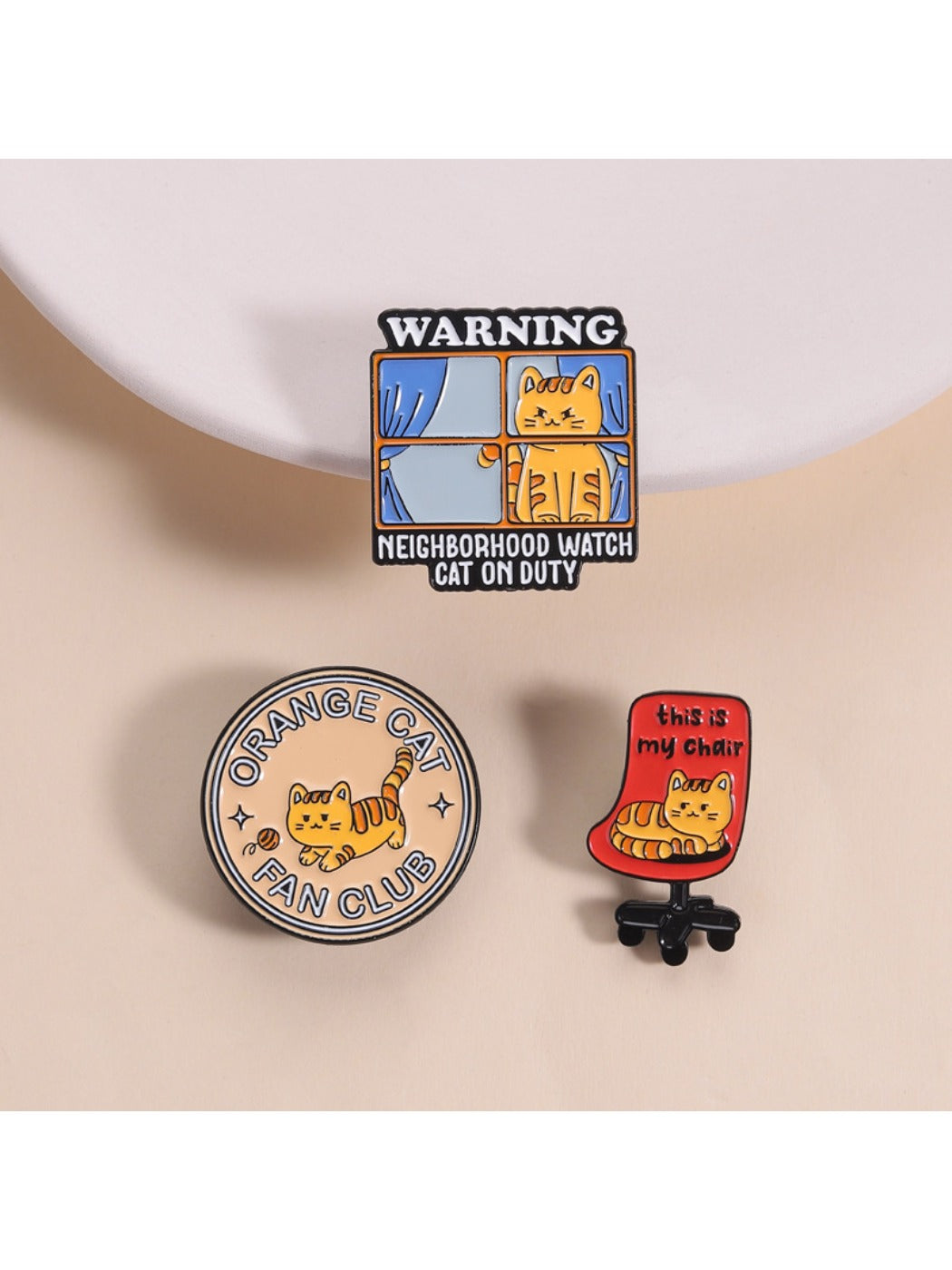 Pinori orange cat enthusiast club enamel pin on white background
