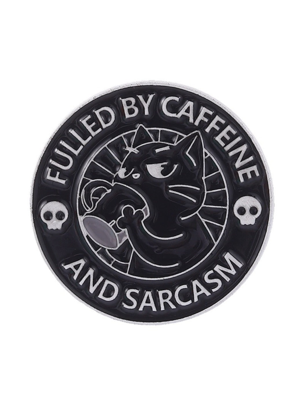 Pinori black coffee cat brooch worn on a jacket lapel