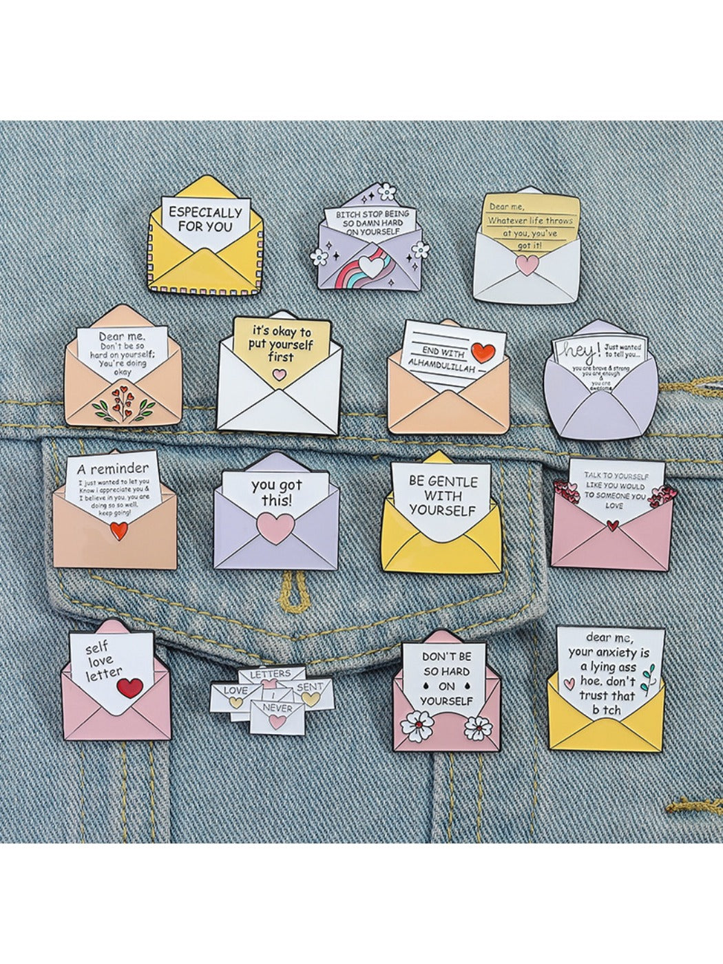 Pinori letter envelope shaped brooch on white background, front view