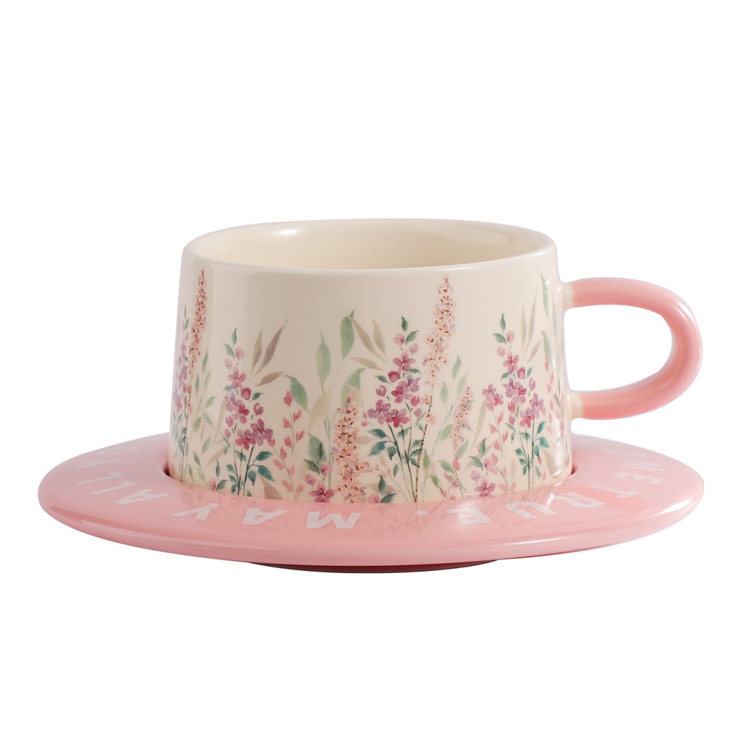 Mivora - Pastel Botanical Pattern Coffee Mug and Saucer Set