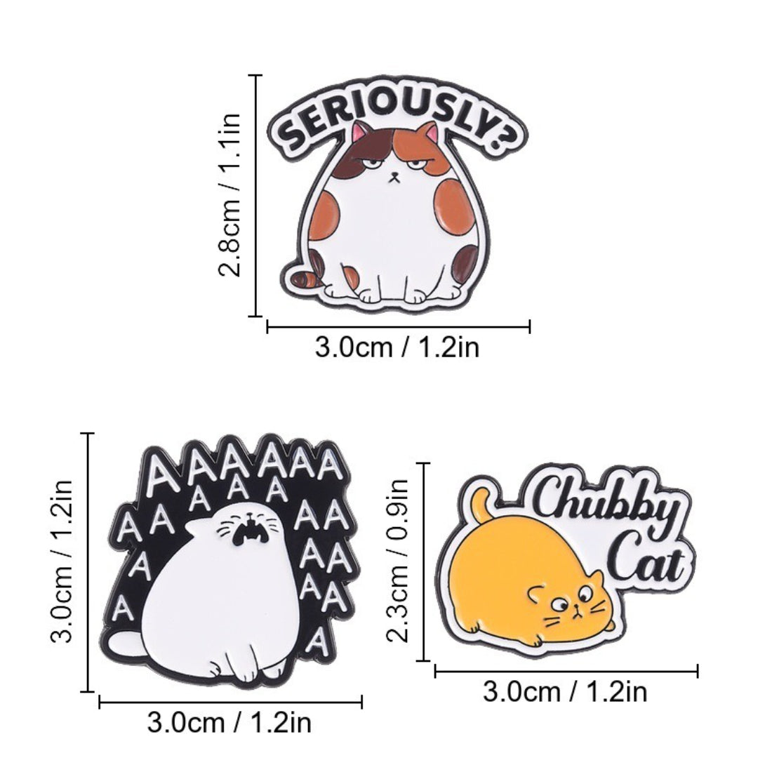 Pinori chubby cat mood enamel pin attached to a backpack strap