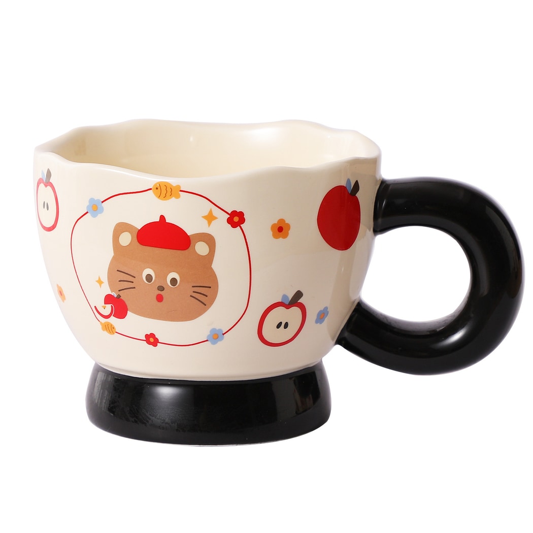 Mivora - Cartoon Apple and Cat Irregular Rim Mug