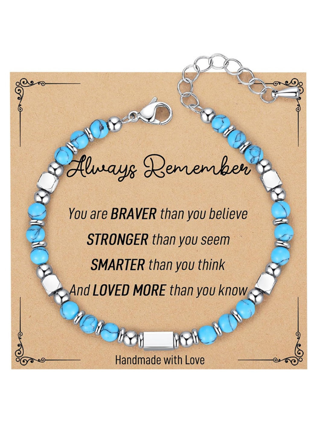 Top view of Emora bracelet and accompanying card with decorative patterns