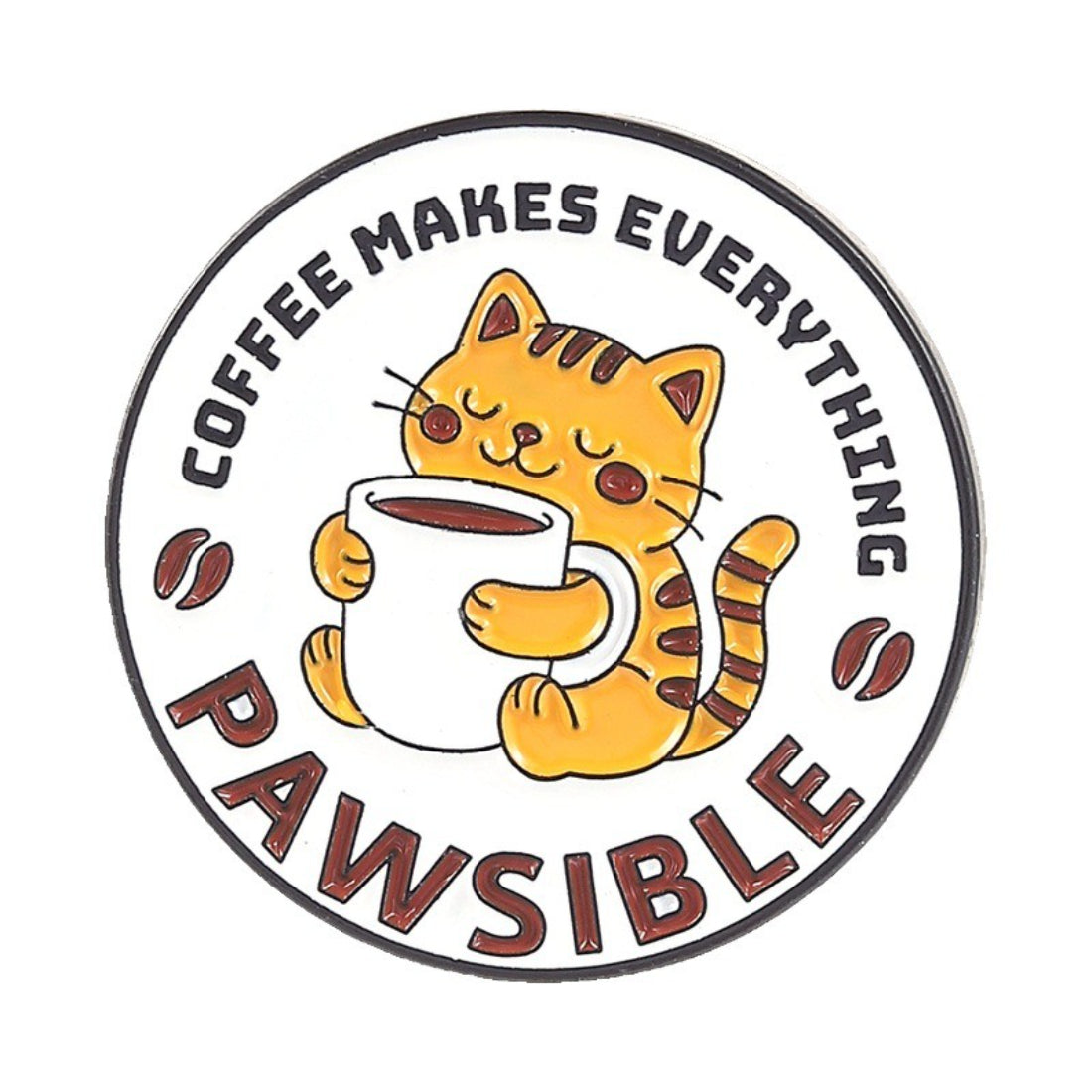 Pinori Pawsible Coffee Cat enamel pin attached to a denim jacket