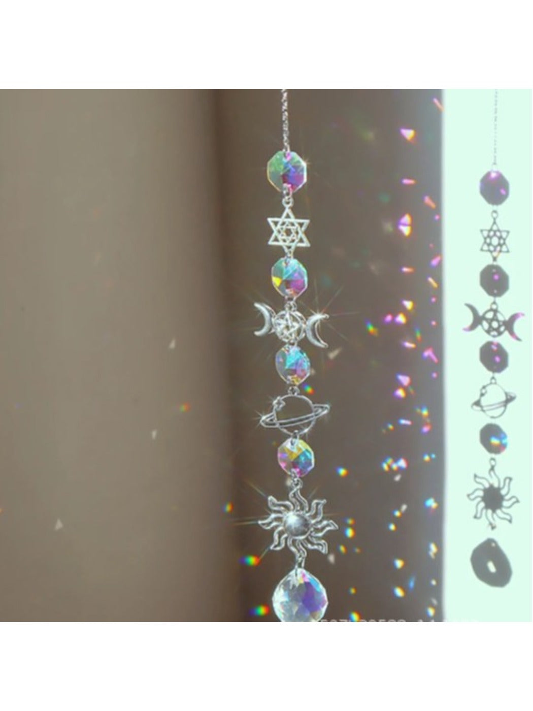 Side view of Somnira Galaxy Crystal Dream Catcher with hanging crystal strands