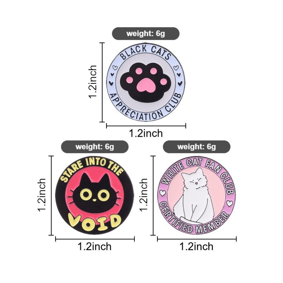 Pinori Cat Fan Club enamel pin attached to a denim jacket pocket
