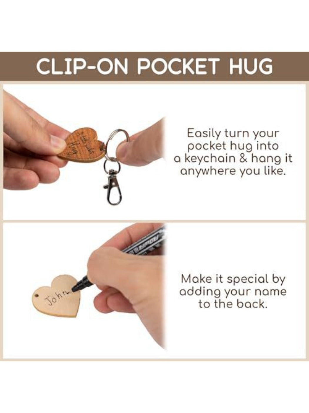 Taphug heart keychain held in hand showing size and shape