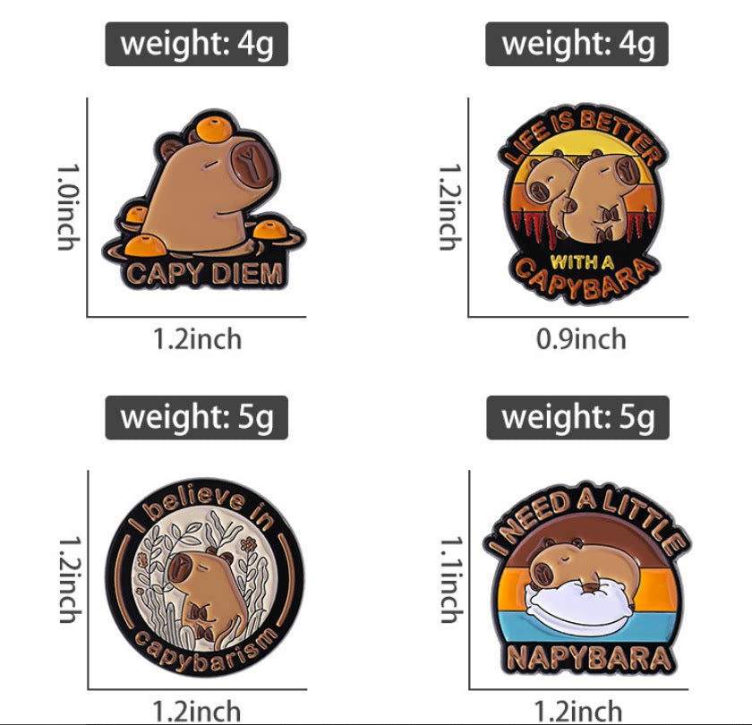 Pinori capybara metal enamel pin next to a ruler for size reference