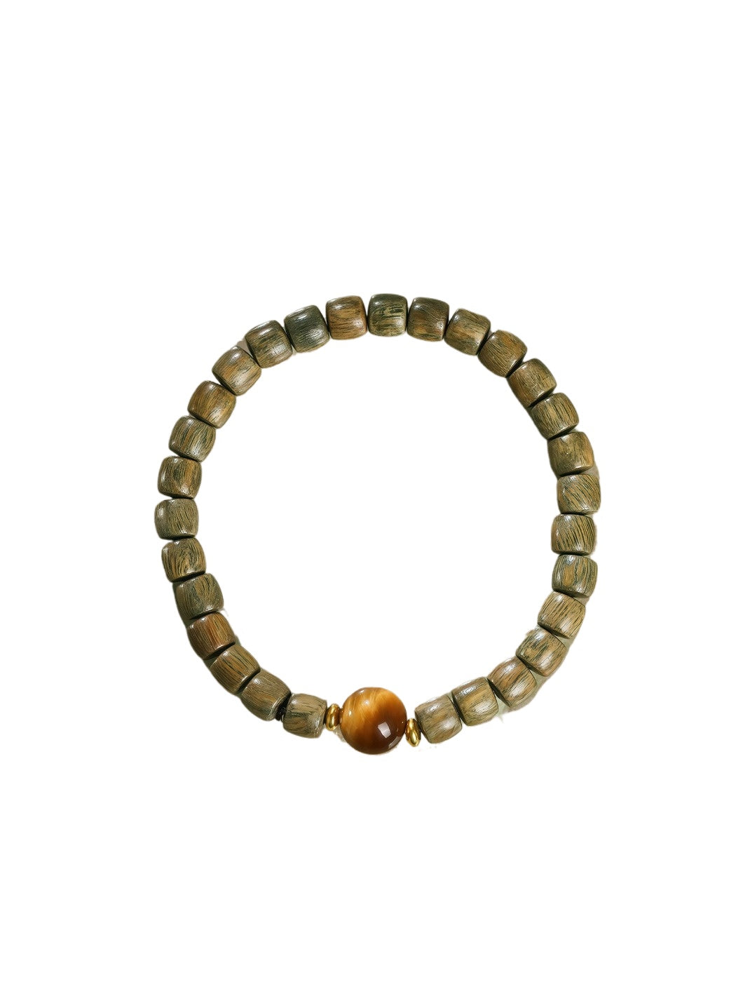 Emora elegant bracelet with green sandalwood beads and central cat eye stone on display