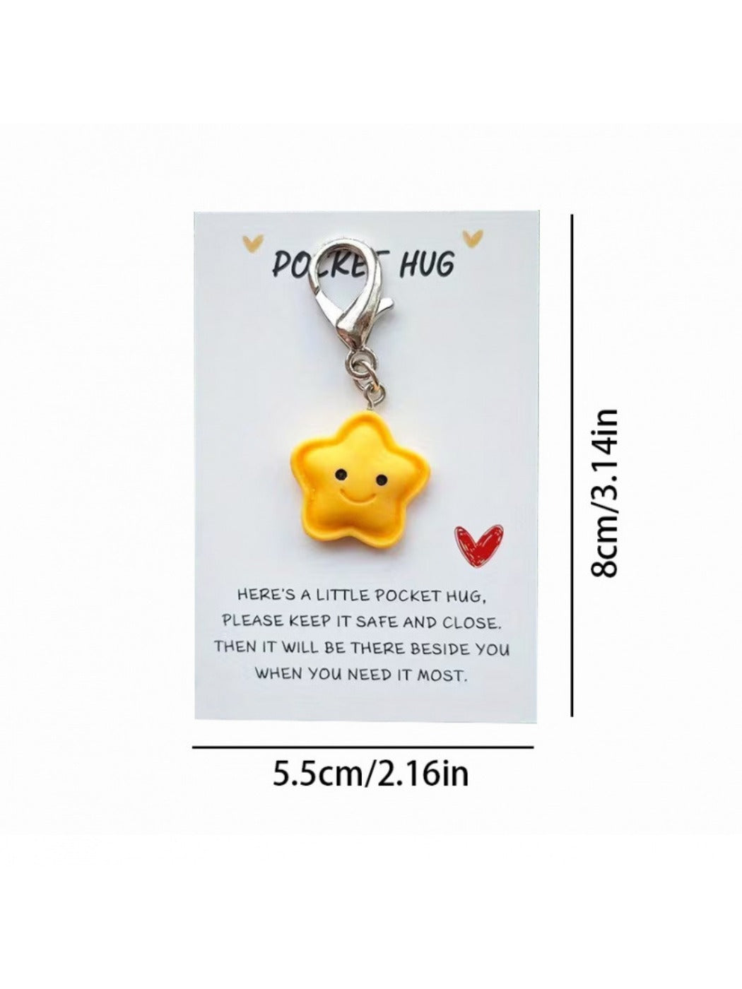 Taphug cartoon star keychain attached to a keyring with encouragement card in background