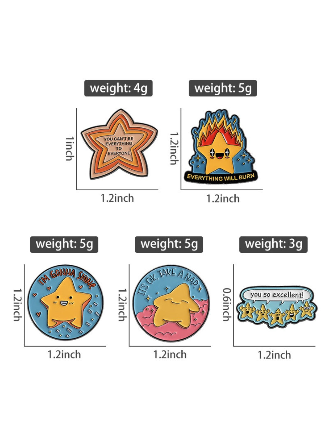 Pinori cartoon star pin placed next to colorful stationery items