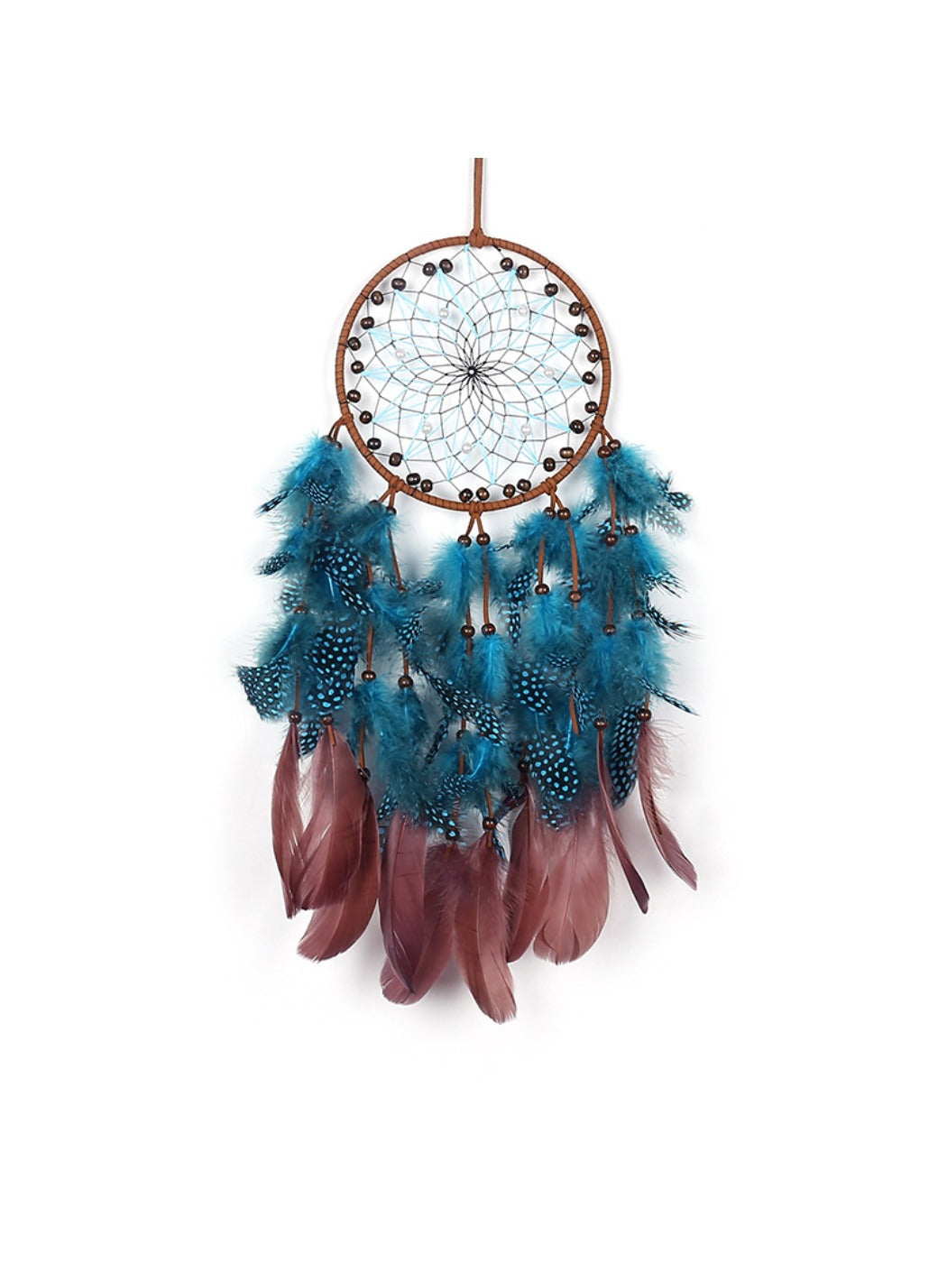 Side view of Somnira feather wind chime with layered feathers and wooden beads