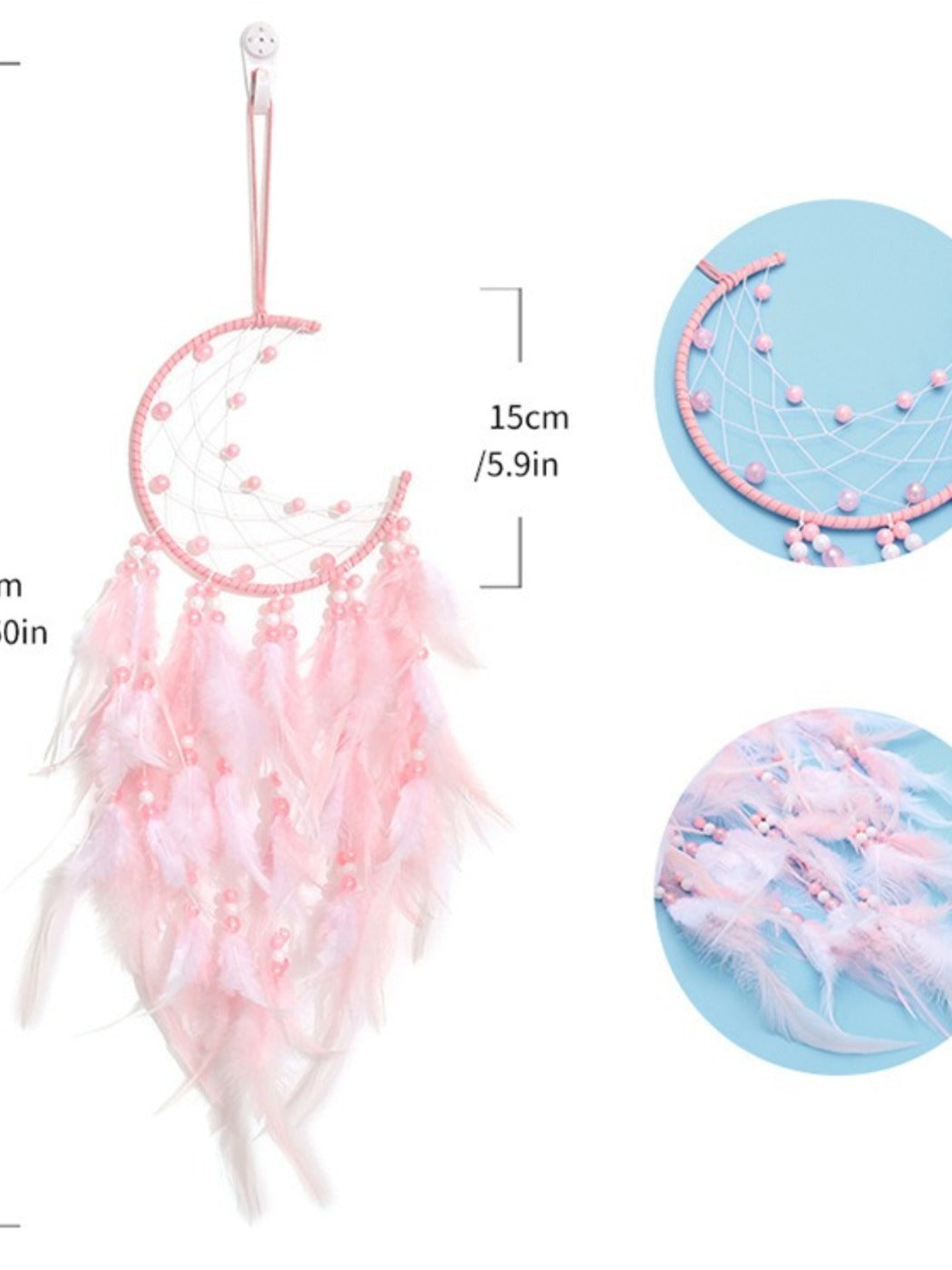Detailed shot of the dream catcher’s web pattern inside the crescent moon frame