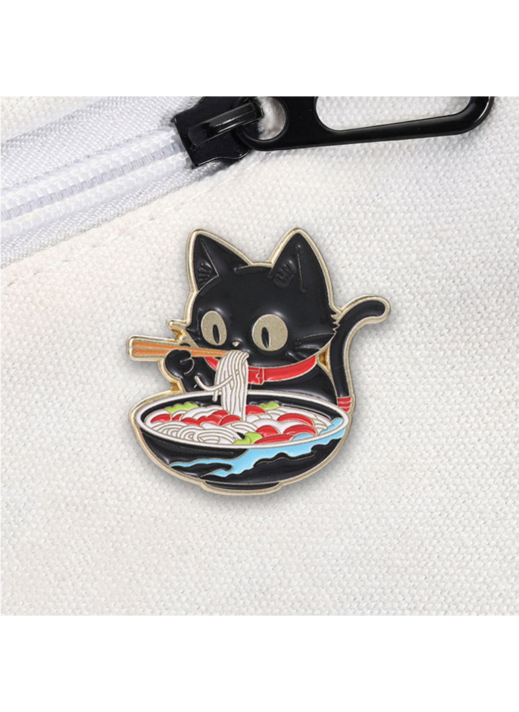 Pinori - Alloy Cat Brooch, Cute Cartoon Black Cat Eating Ramen Badge