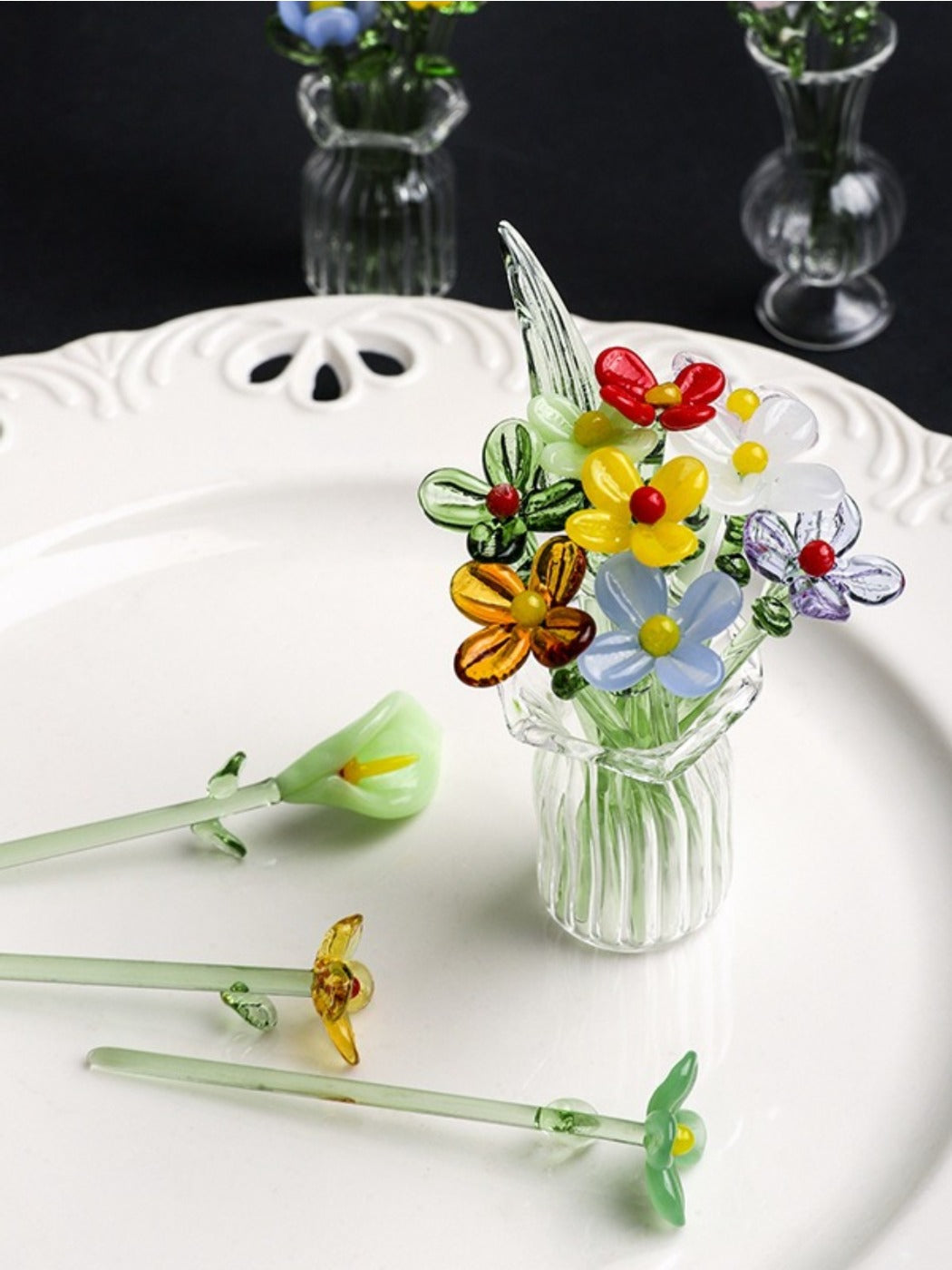 Thimara Japanese cute mini glass flowers in assorted colors on a white background