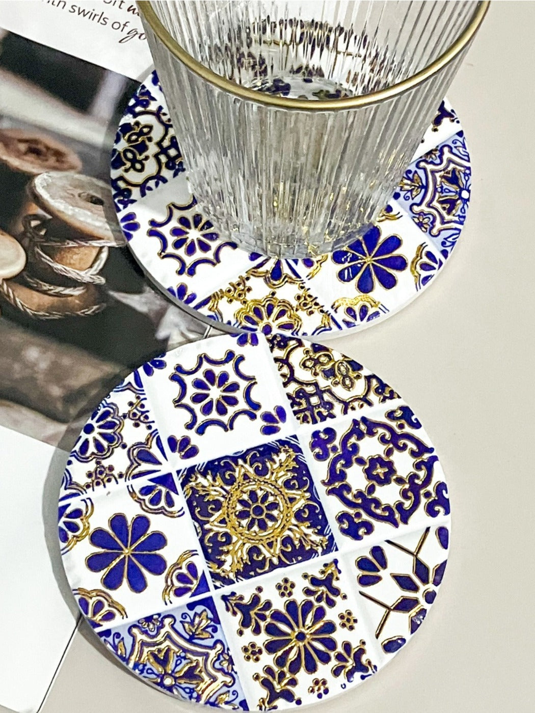 Thimara - Round Retro Style Ceramic Coasters  Gold Foil Embossed