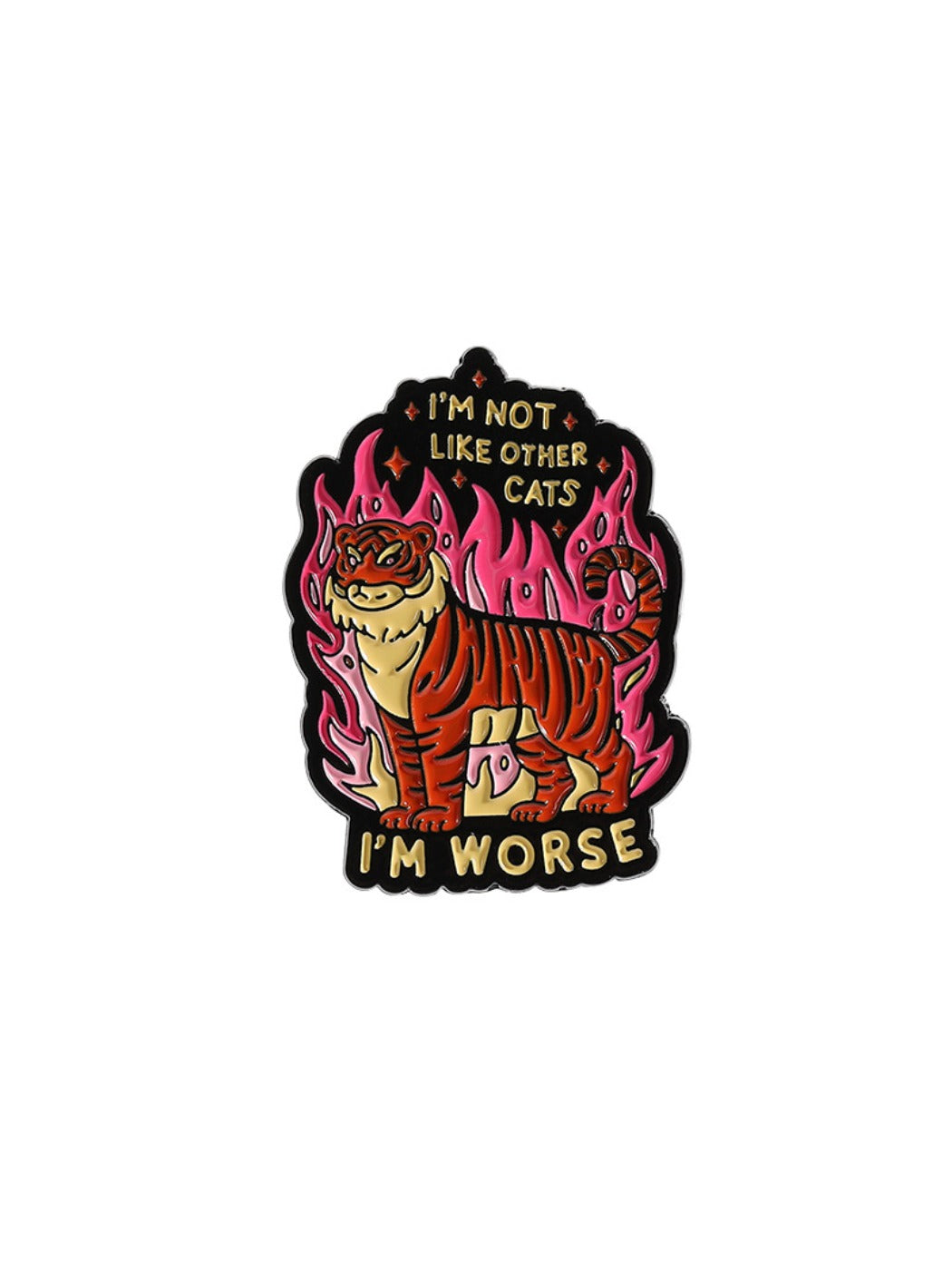 Pinori brooch with flame cat and tiger skull design shown from an angled perspective