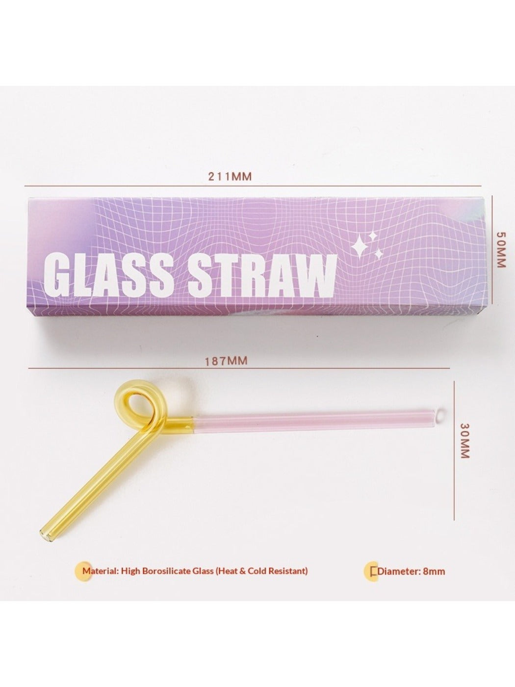 Colorful glass straws from Thimara displayed in a gift box on a white background