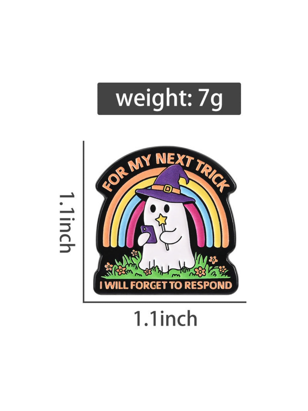 Pinori Rainbow Ghost cute brooch displayed on a flat surface highlighting its shape