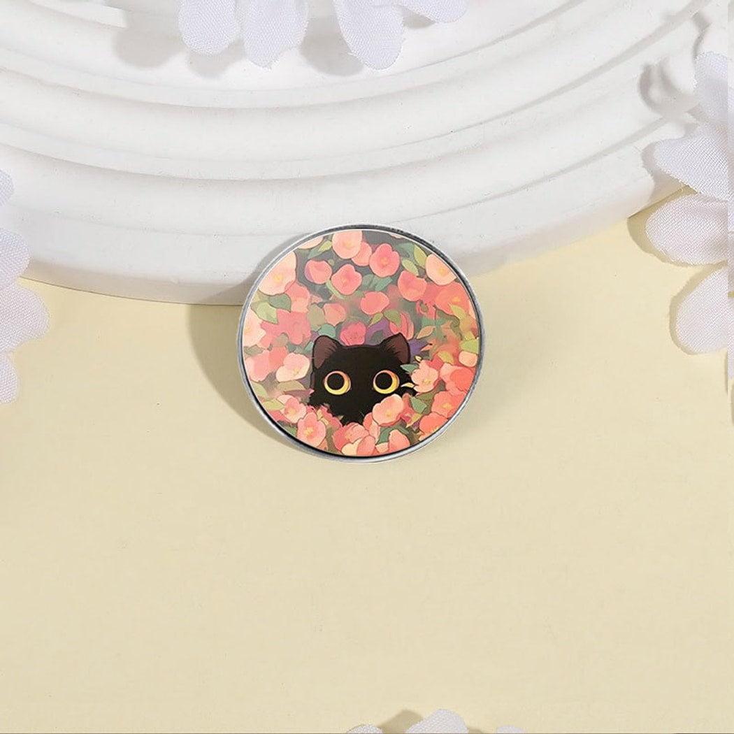 Pinori - Round Floral Cute Black Cat Brooch Pin