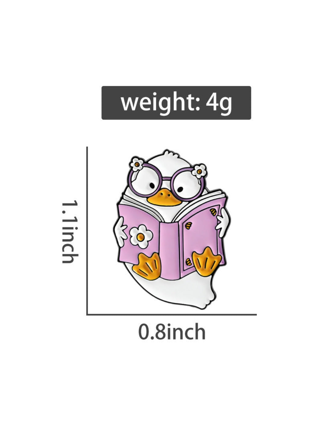 Pinori cute duck brooch shaped like a pink reading book displayed on a flat background