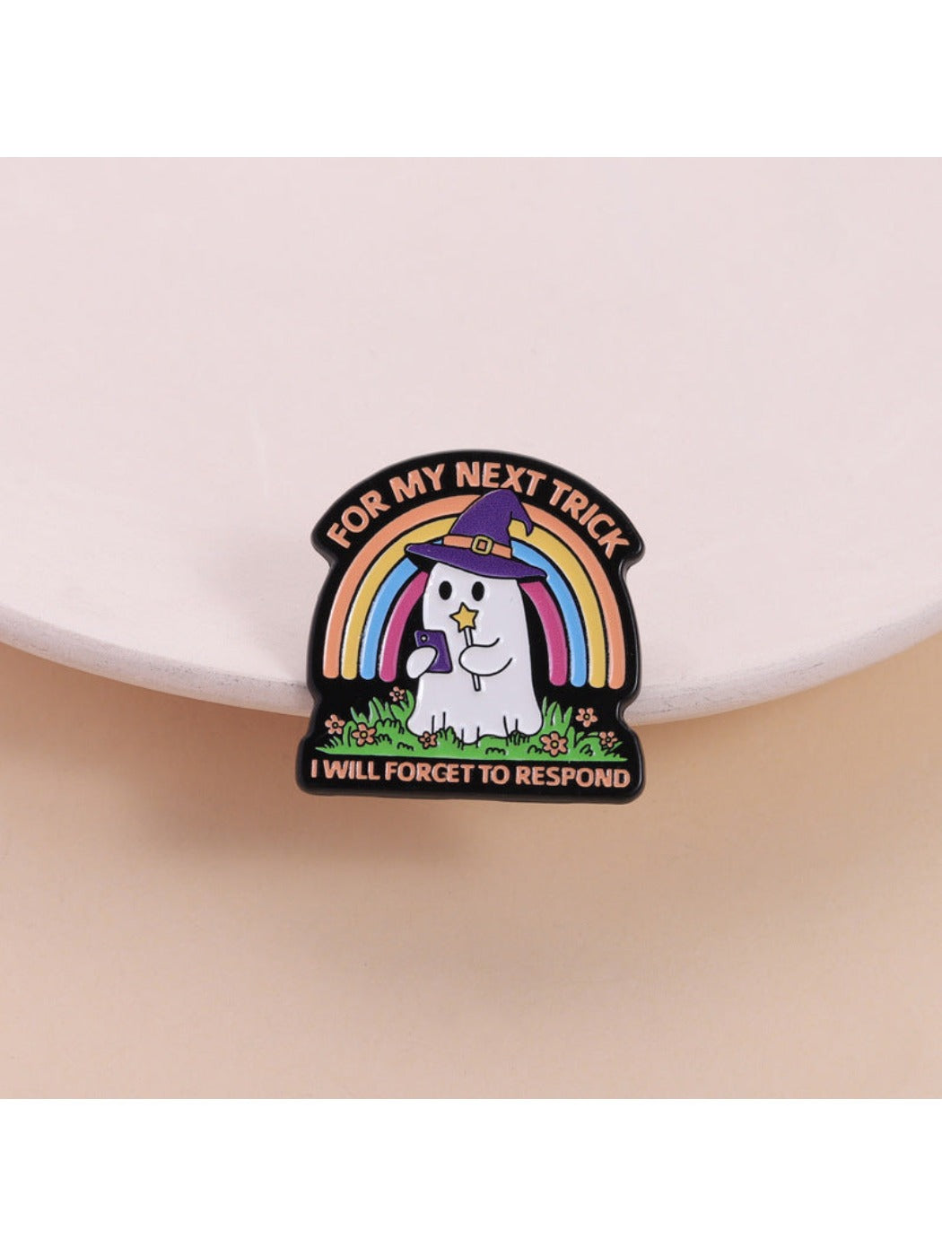 Pinori Rainbow Ghost cute brooch with colorful rainbow design on white background