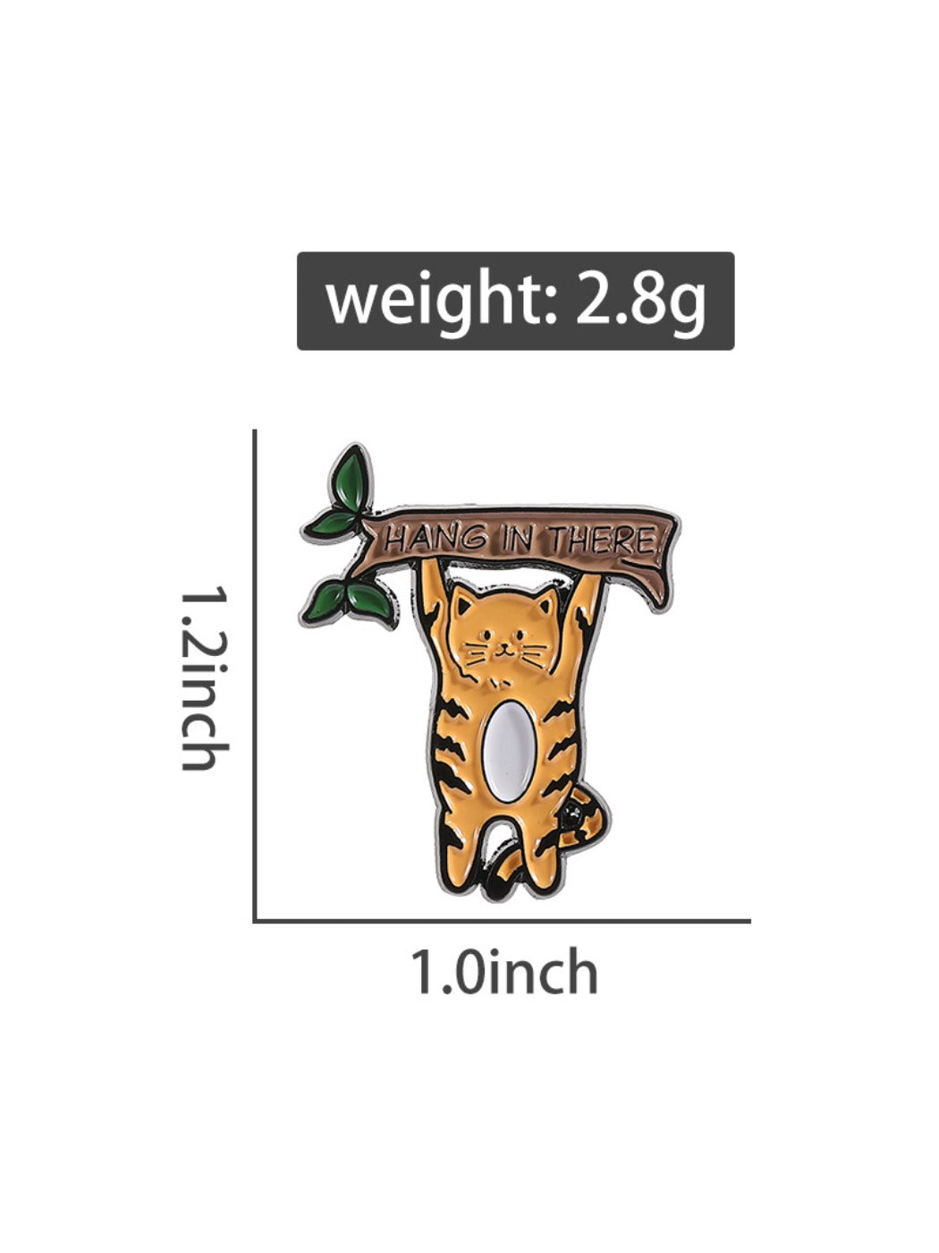 Pinori cartoon cat brooch placed on a wooden surface with soft shadows