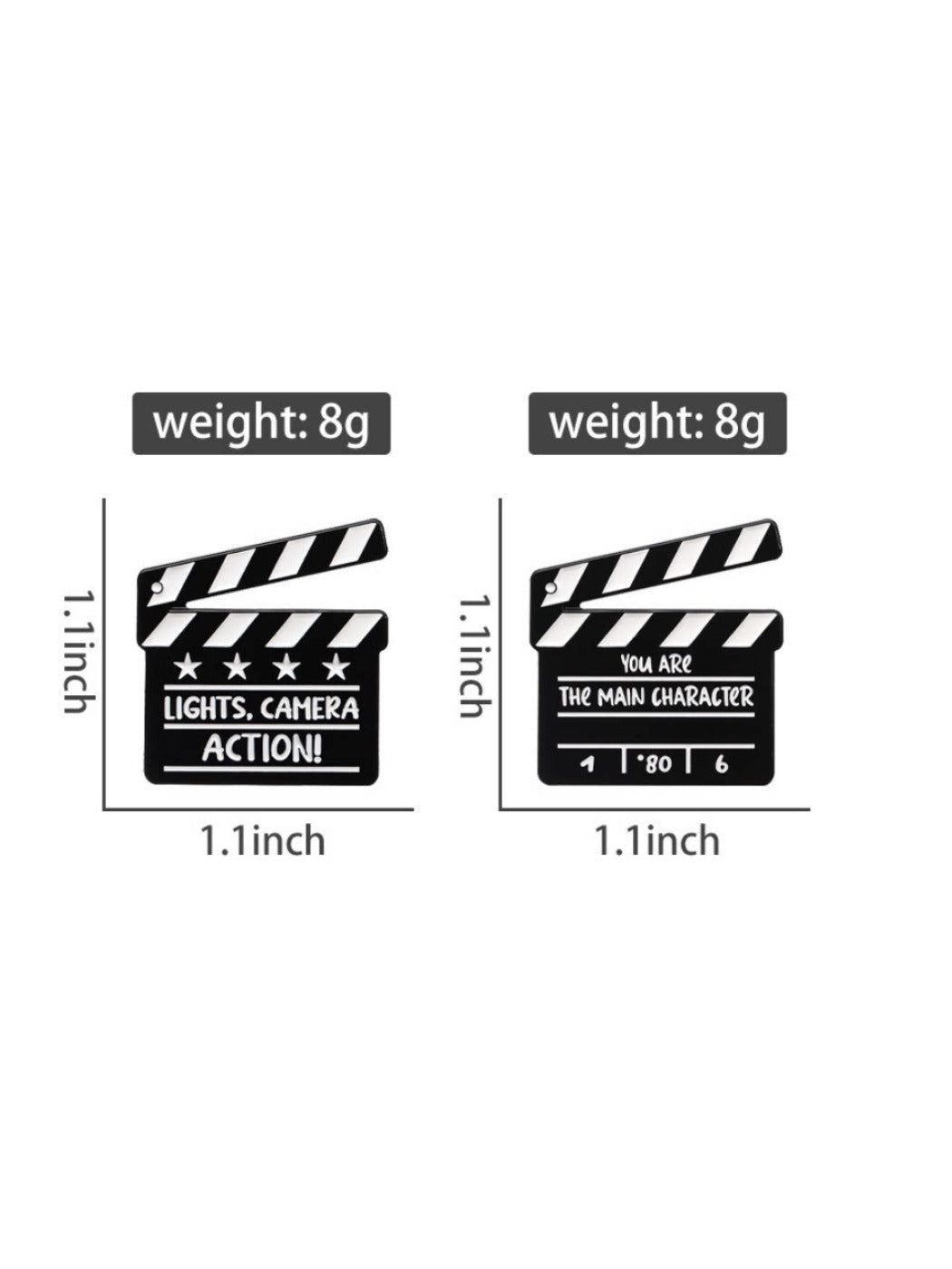 Pinori clapperboard brooch held in hand showing size comparison