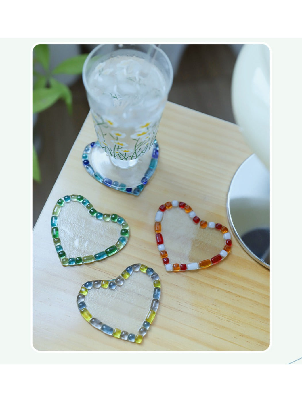 Close-up of Thimara Japanese high borosilicate glass coaster with light reflections