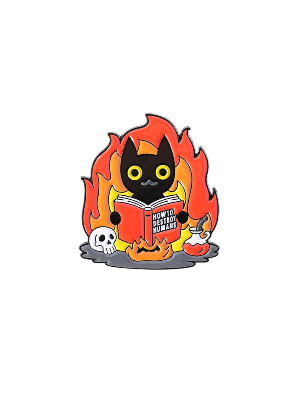 Pinori black cat badge with flame design displayed on a white card