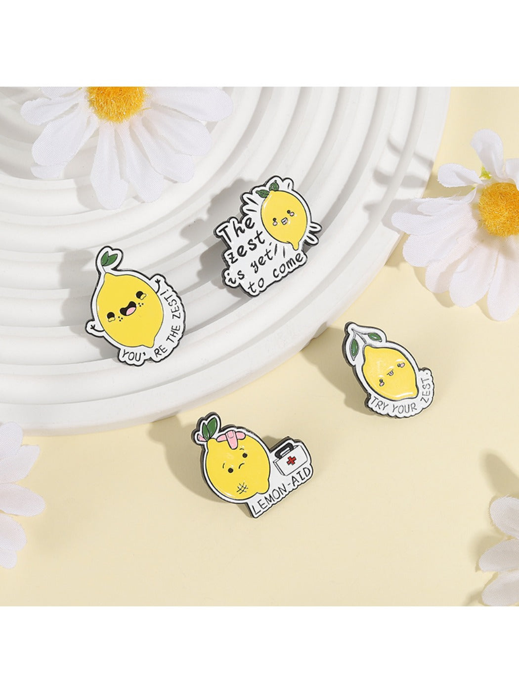 Side angle of Pinori cartoon lemon brooch highlighting thickness and clasp