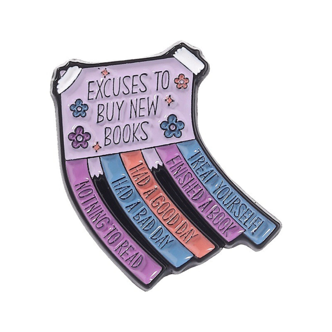 Pinori Book Lover enamel pin displayed on a corkboard with other pins