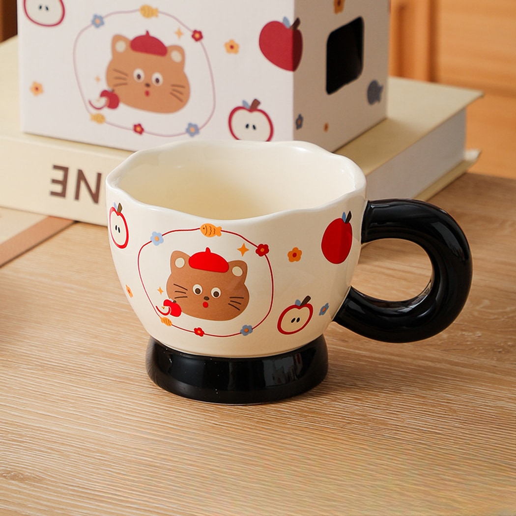 Mivora - Cartoon Apple and Cat Irregular Rim Mug