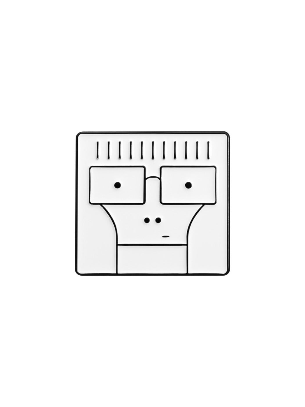Multiple white cartoon character pins arranged in a grid pattern on a white surface