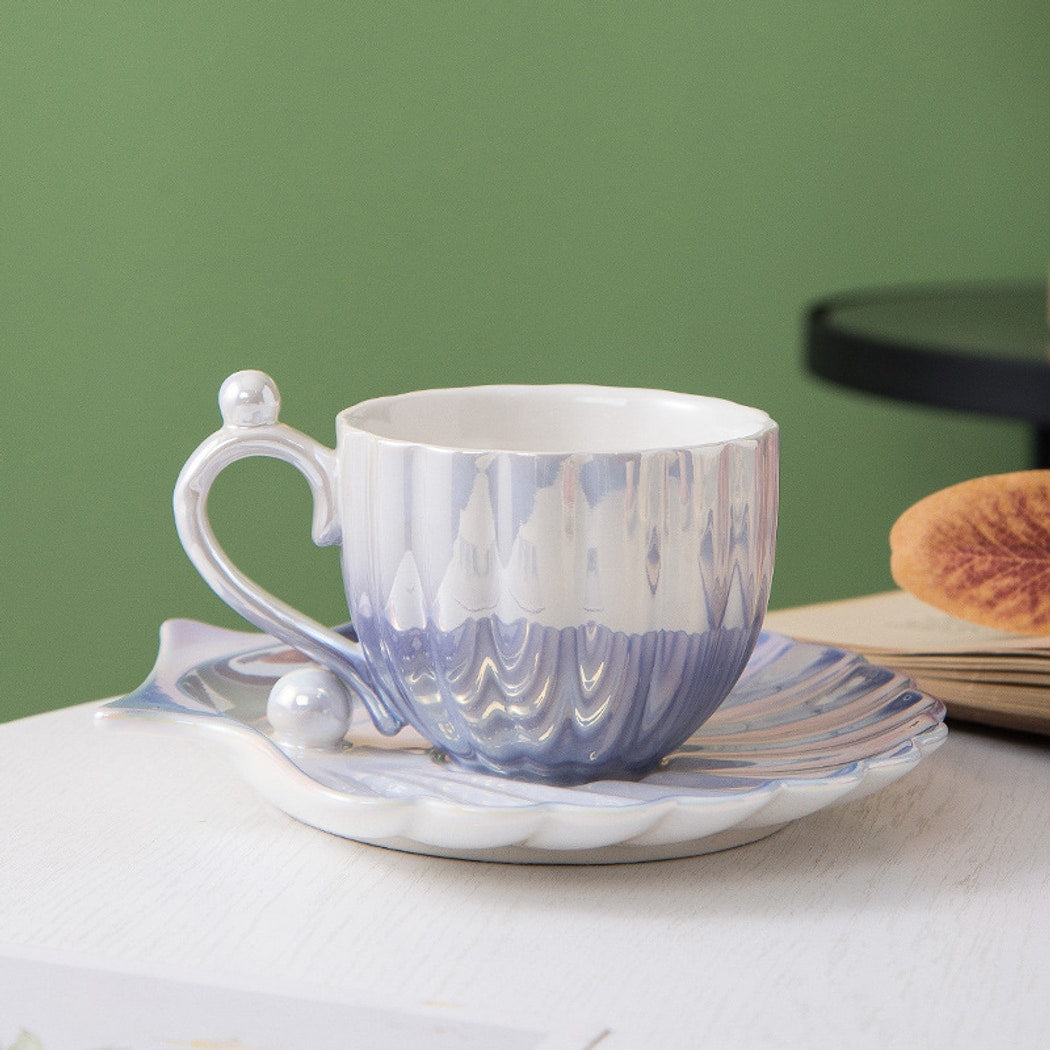Mivora - Elegant Seashell Themed Coffee Mug and Saucer Set