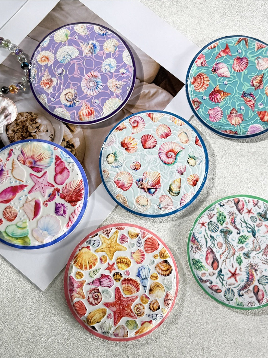 Thimara - Ocean Themed Ceramic Coaster Set with Shell and Conch