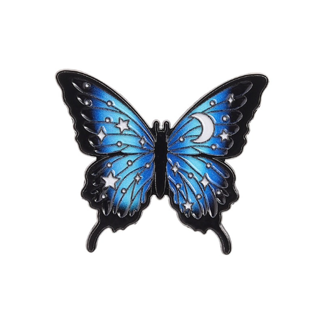 Side view of Pinori Starry Wing Butterfly enamel pin showing thickness and clasp