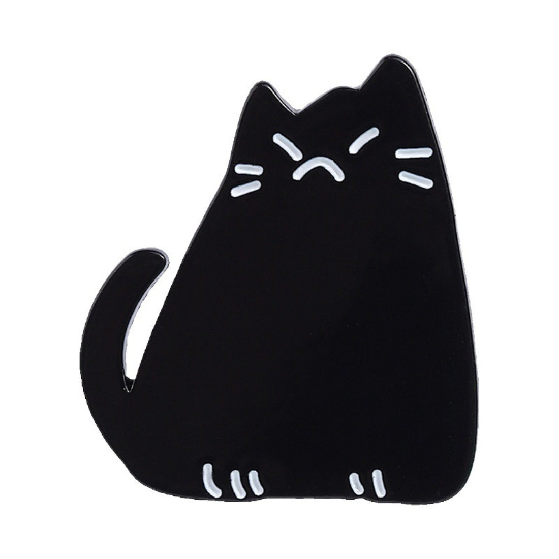 Pinori black cat mood enamel pin held between fingers for size reference
