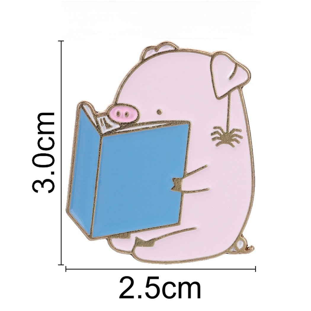 Pinori - Cute Reading Pig Cartoon Animal Brooch