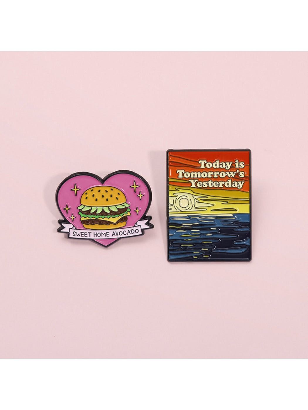 Pinori hamburger brooch on a denim jacket lapel, showcasing accessory style