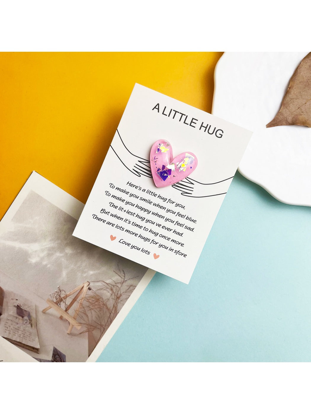 DIY Glitter Heart Pocket Hug Card with envelope on wooden surface