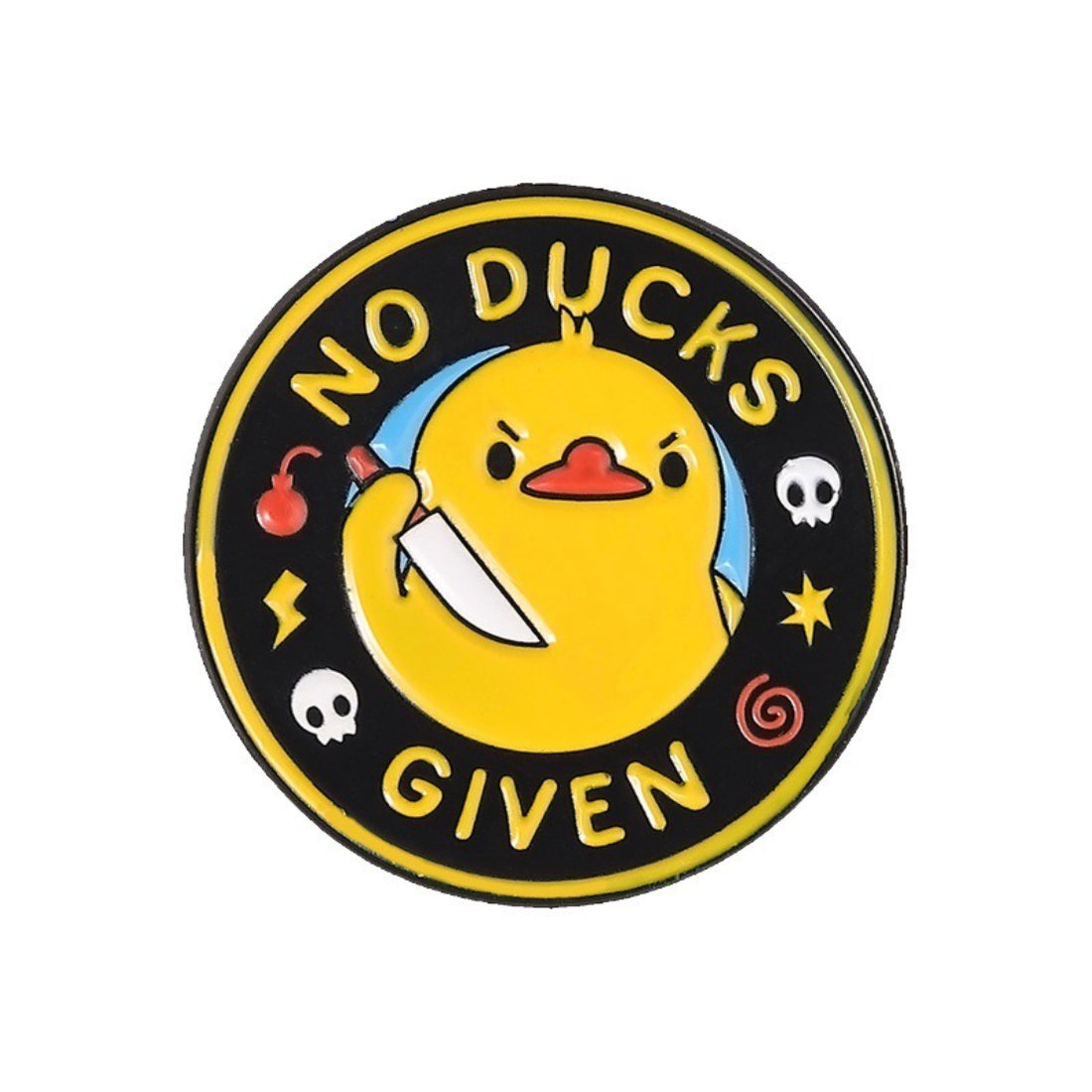 Pinori duck enamel pin next to a ruler for size comparison