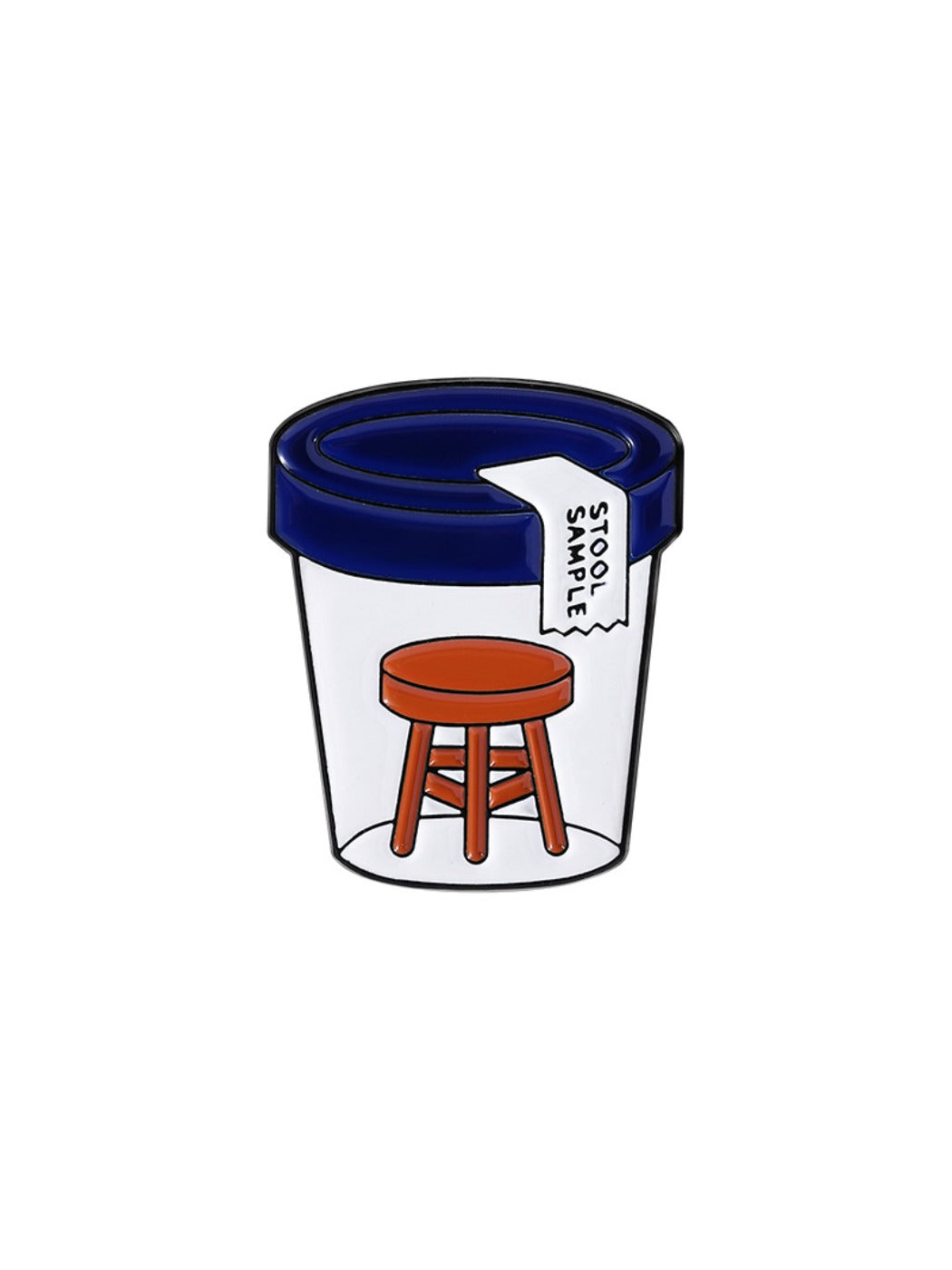 Pinori stool sample bottle pin badge on black fabric background