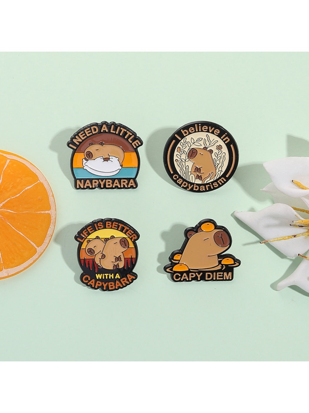 Close-up of Pinori capybara enamel pin highlighting detailed metal and color